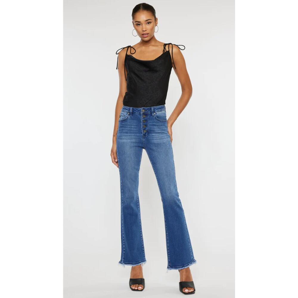 Kancan Flare Jeans Rainn Ultra High Rise 13/30 Stretch Blue Denim Fray Fringe